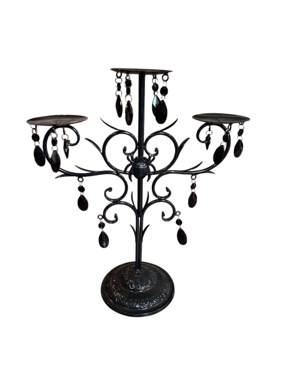 Metal Halloween Spider Candelabra with Black Crystal Teardrop Beading 18” tall